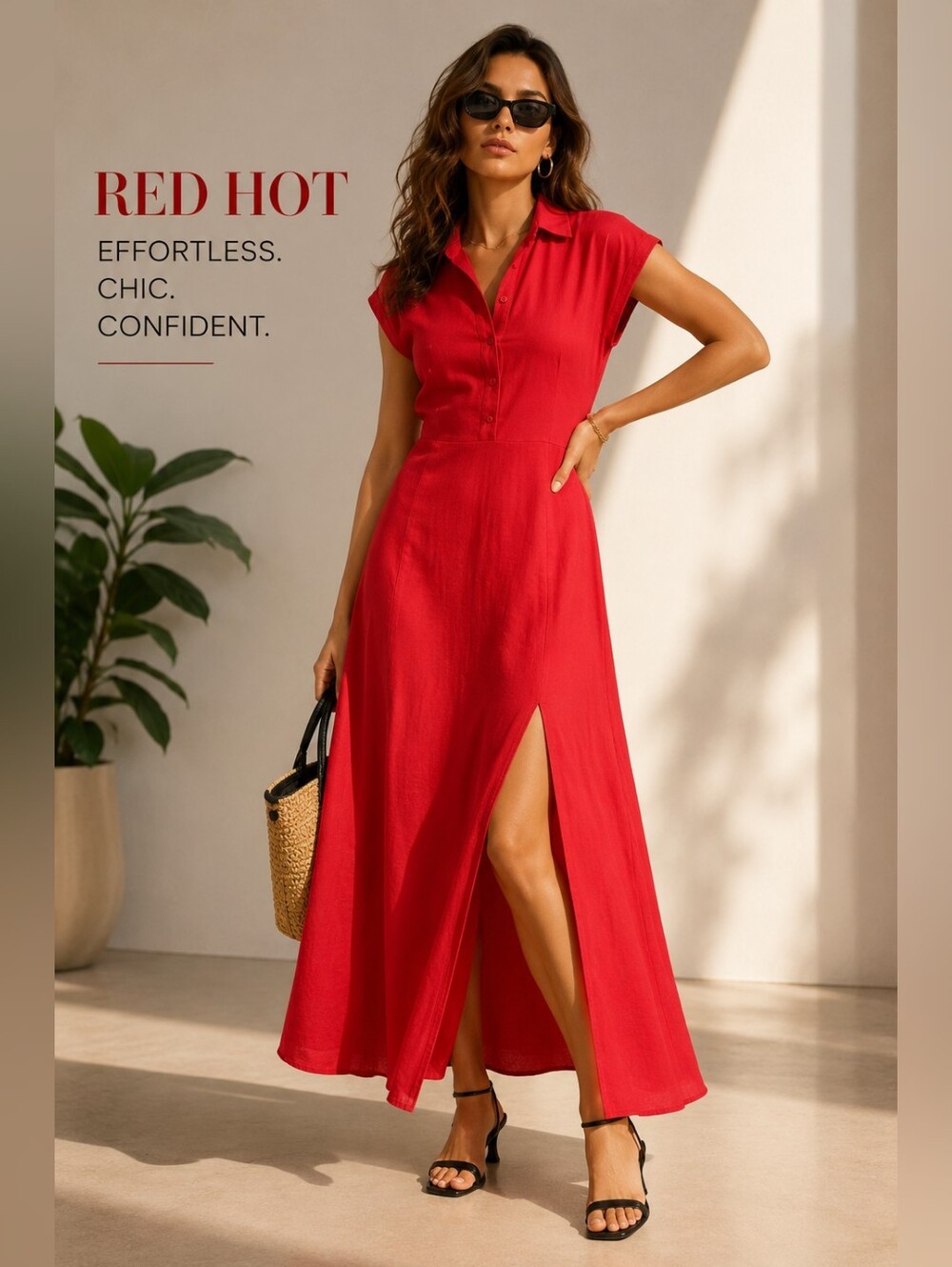 Ax Paris Red Short Sleeve Maxi Shirt Dress